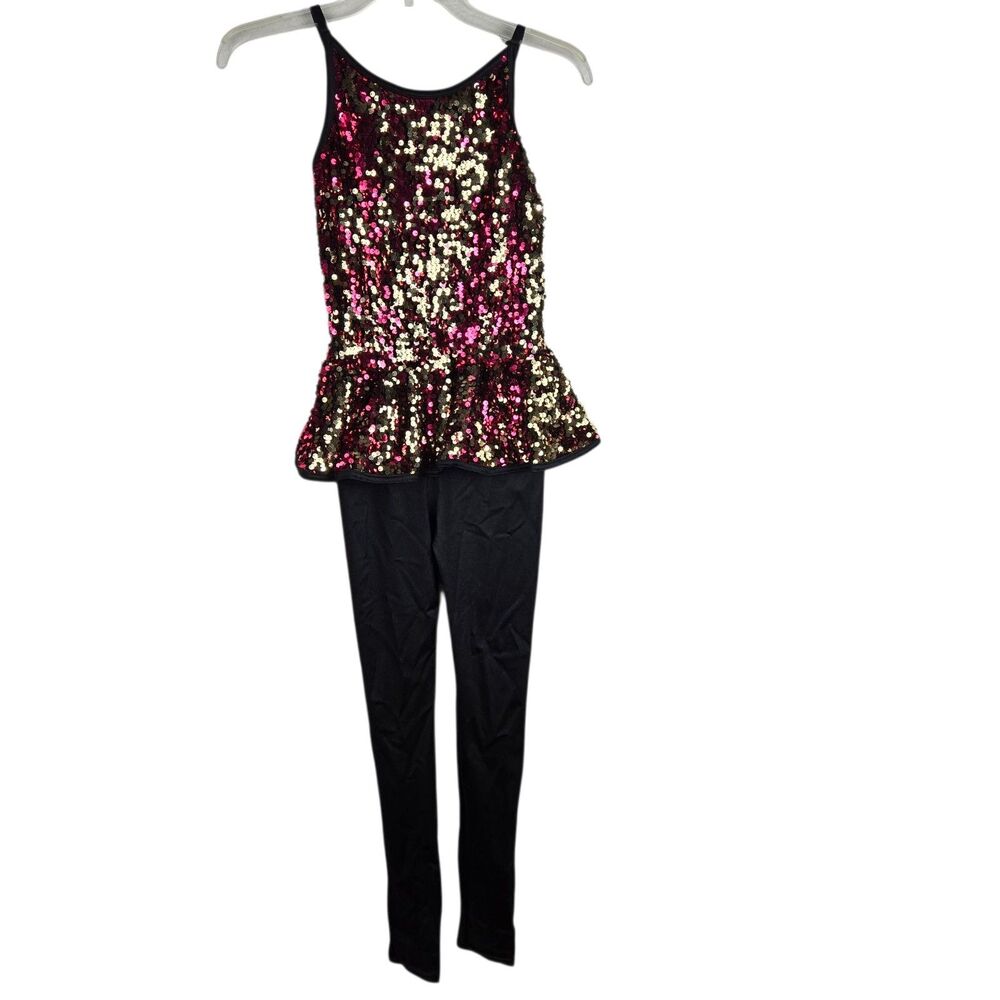 Weissman Dance Costume Leotard Child Large LC Peplum Sequin Gold Pink 11509